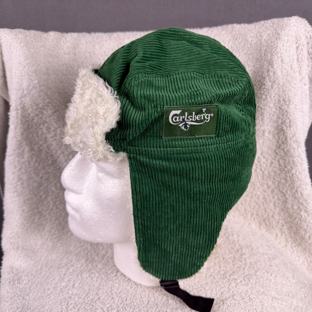 Vintage Carlsberg Beer Mens Trapper Hat Corduroy Green With White Faux Fur Read!